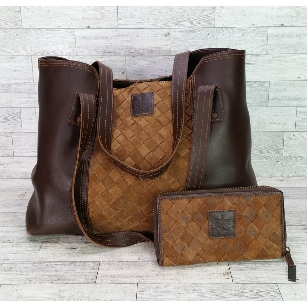STS Ranchwear Large Brown Leather Handbag Purse Basket Weave Pattern Wallet Set